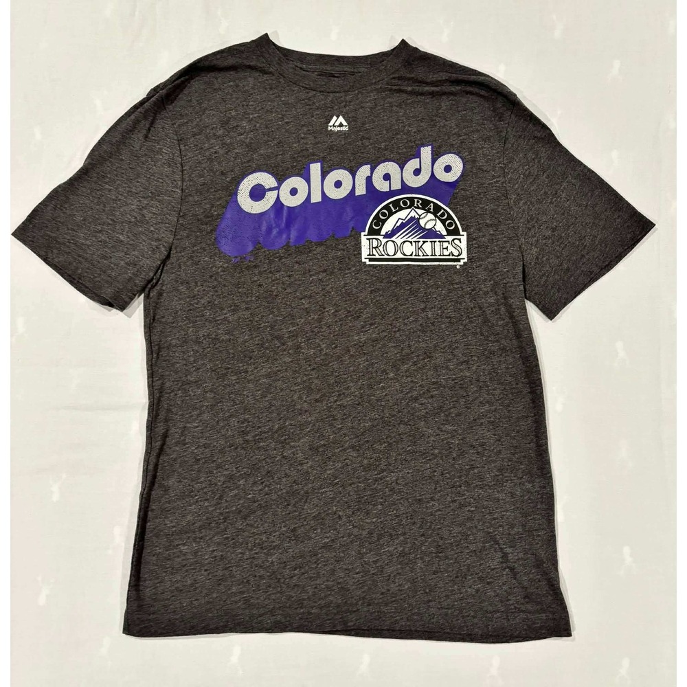 Majestic Colorado Rockies MLB T-Shirt Mens Medium Gray Purple Graphic Tee